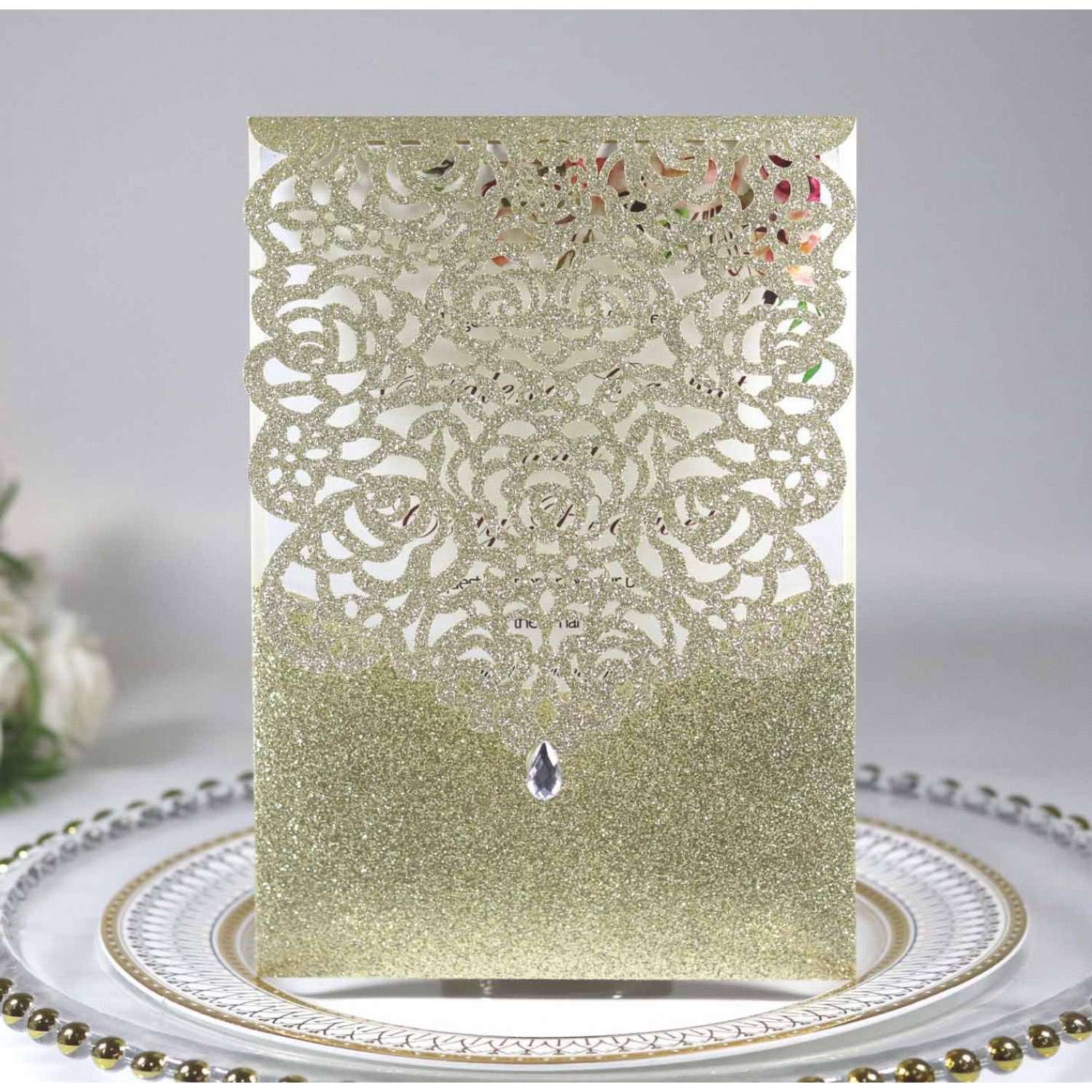 Pocket Invitation Card Elegant Invitation Glitter Invitation Laser Cut Paper